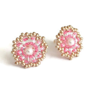 Handmade Pink & Gold Beaded Flower Stud Earrings